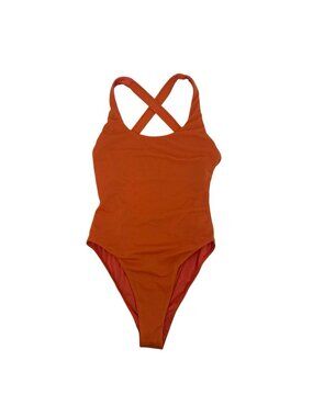 Kitty & Vibe Swimsuit Womens ML Orange Solid One Piece Swimwear Strappy Cheeky